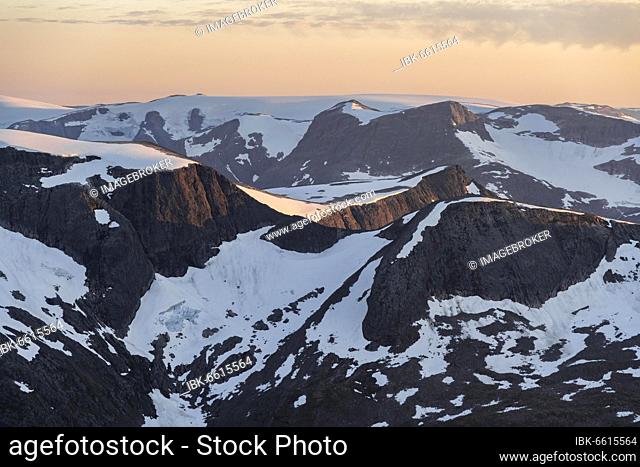 Evening atmosphere, glaciers and mountains in Jostedalsbreen National Park, view from the top of Skåla mountain, Breheimen mountain range, Stryn, Vestland