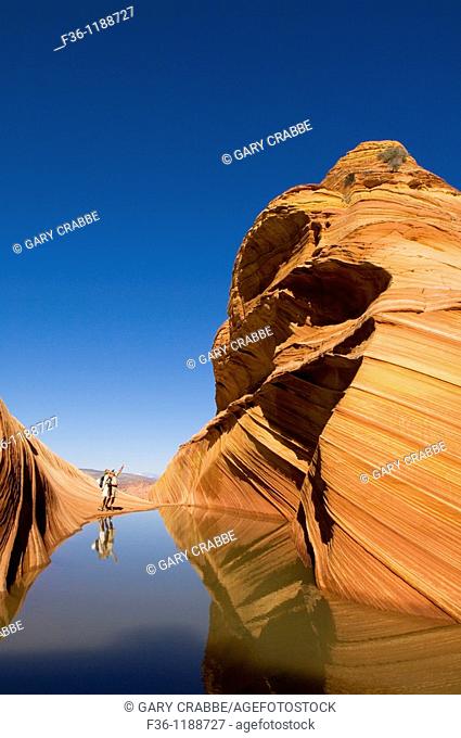 Tourist couple next to Seasonal desert pool of water below striated sandstone at The Wave, Coyote Buttes, Paria Canyon Vermilion Cliffs Wilderness, Arizona