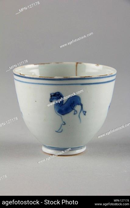 Cup with horse. Period: Ming dynasty (1368-1644); Culture: China; Medium: Porcelain painted with underglaze cobalt blue; Dimensions: H. 2 1/8 in. (5