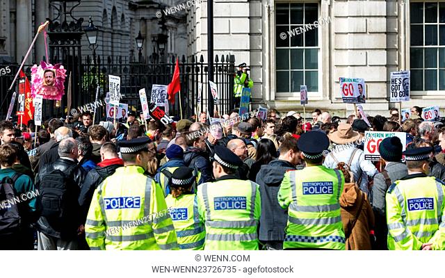 Before marching to the Tory Spring Conference in Holborn, protesters gather outside London’s Downing Street calling for Prime Minister