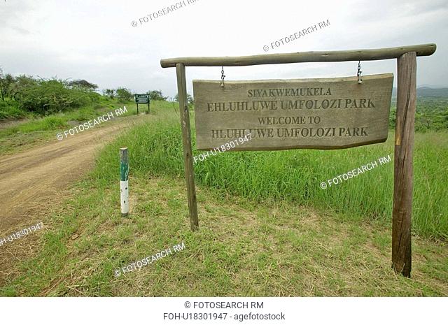 Sign reads Welcome to Hluhluwe Umfolozi Park, South Africa