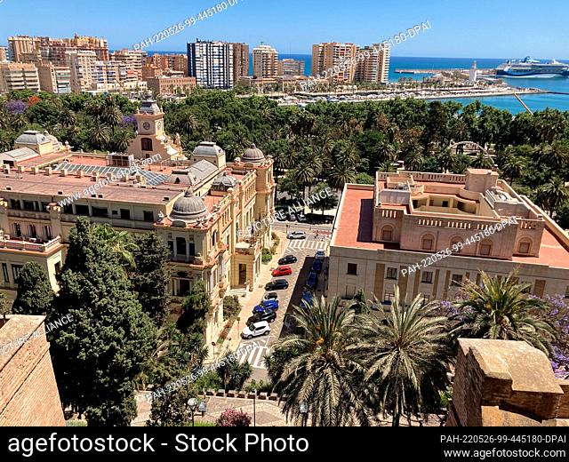26 May 2022, Spain, Málaga: View from the Moorish fortress and palace Alcazaba, above the city of Malaga. Malaga is located on the Mediterranean Sea on the...