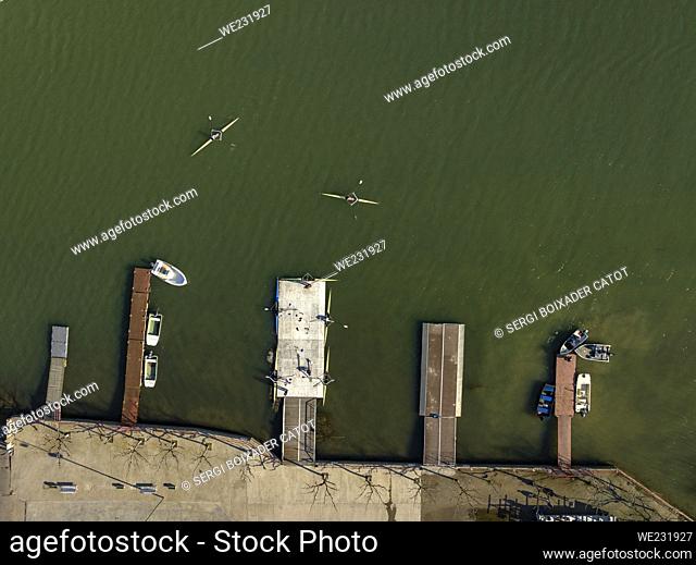 Aerial zenithal view of the Mequinenza marina with kayaks and boats (Bajo Cinca, Zaragoza, Aragon, Spain)