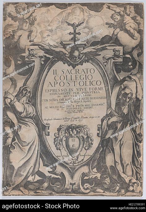 Frontispiece with two figures holding scrolls and cherubs flanking the cartouche at cen.., 1606-07. Creator: Raffaello Schiaminossi