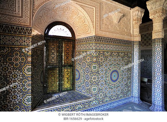Magnificent interior with stucco and tile mosaics in the crumbling Kasbah Telouet of the former Pasha Glaoui, Telouet, High Atlas, Morocco, Africa