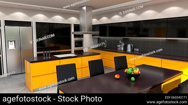 3D rendering modern kitchen with yellow panels