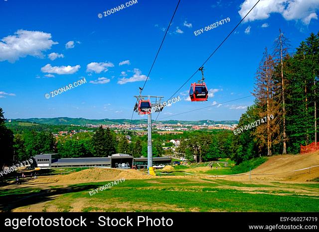 Maribor, Slovenia - May 2, 2019: Pohorska vzpenjaca cable car at lower station in Maribor, Slovenia, a popular destination for hiking and downhill mountain...