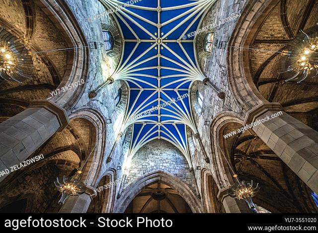Ceiling over central nave in St Giles Cathedral also called High Kirk of Edinburgh in Edinburgh, the capital of Scotland, part of United Kingdom