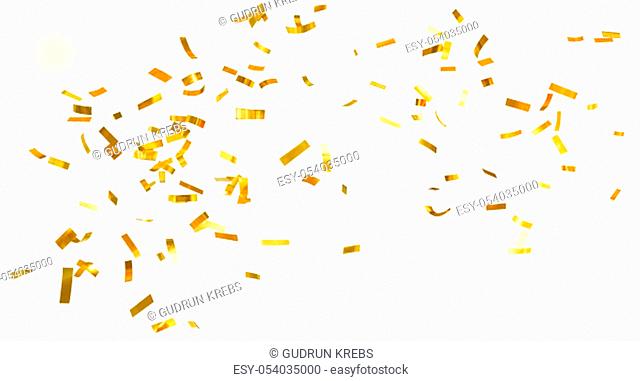 Descending golden shiny confetti isolated on a white background. Sparkling festive tinsel