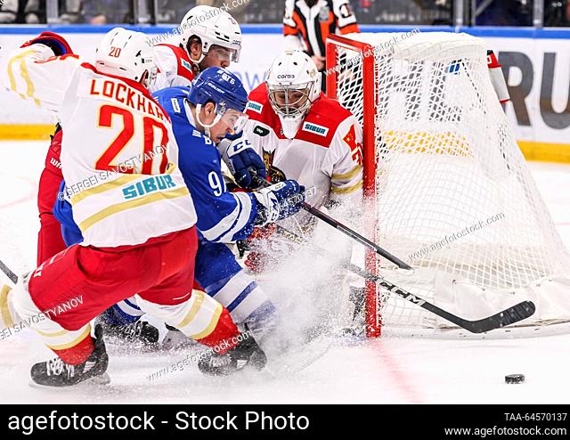 RUSSIA, MOSCOW - NOVEMBER 8, 2023: Kunlun Red Star Beijing's Luke Lockhart (L), Doyle Somerby (L back), Dynamo Moscow's Jordan Weal (C front) and Kunlun Red...