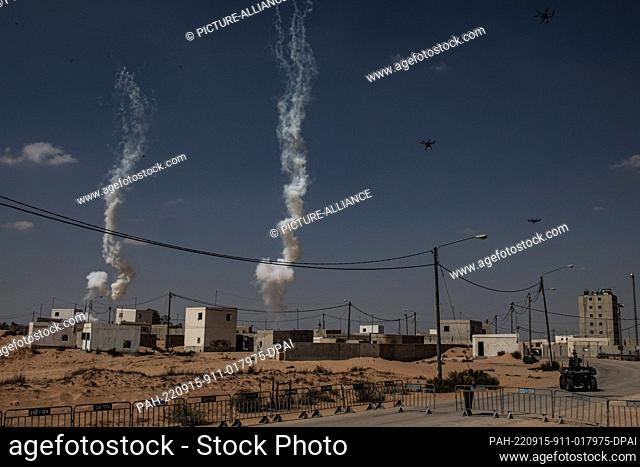 15 September 2022, Israel, Tze'elim: Smoke rises from simulation grounds during the live-fire exercise as part of the International Operational Innovation...