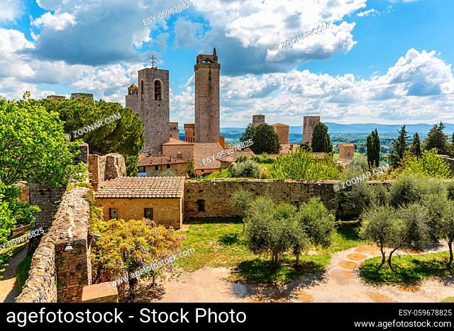 Courtyard of the ancient fortress ruin in the city of San Gimignano in Italy
