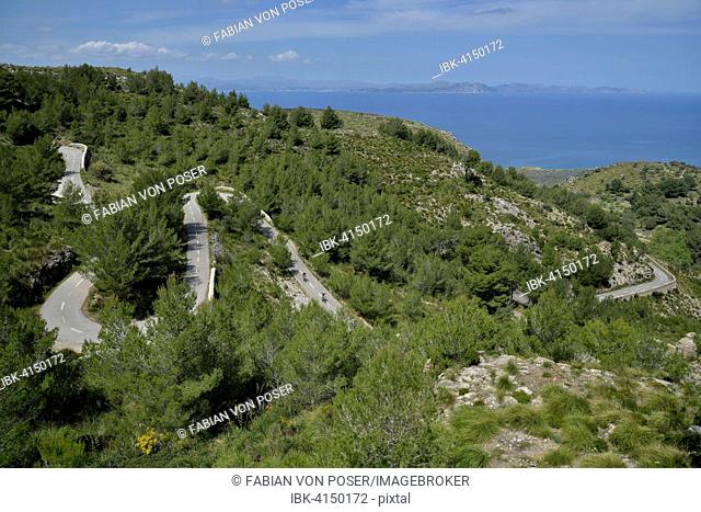 Serpentine road from Artà to the Ermita de Betlem, Parc Natural Peninsula de Llevant, near Arta, Majorca, Balearic Islands, Spain