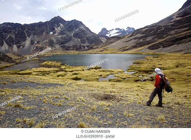 A trekker admires a laguna in the Cordillera Real, Andes Mountain, Bolivia, South America
