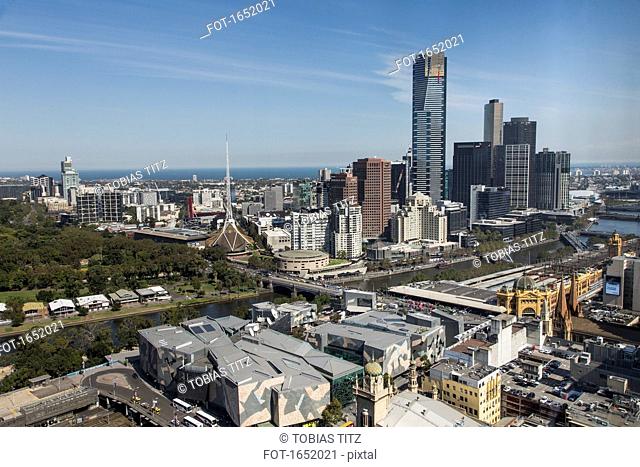 Aerial view of cityscape against sky and sea, Melbourne, Victoria, Australia
