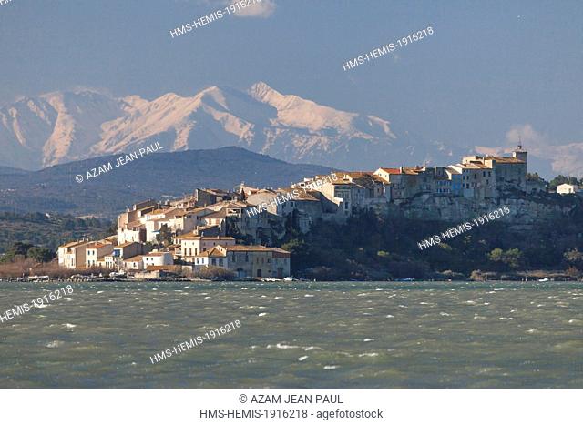 France, Aude, Bages, the village, the ponds, natural park of Narbonaise and Mediterranean Sea, with Mont Canigou (2784 m) in the background