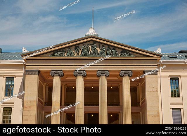 OSLO, NORWAY - MAY 27, 2017: Detail of the University of Oslo in Norway. Central campus, Faculty of Law building on Karl Johans Gate street