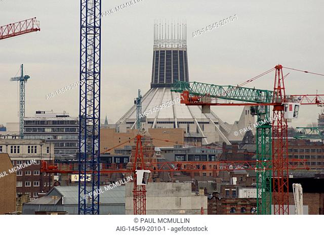 Metropolitan Cathedral and construction cranes, Liverpool, Merseyside, England, UK