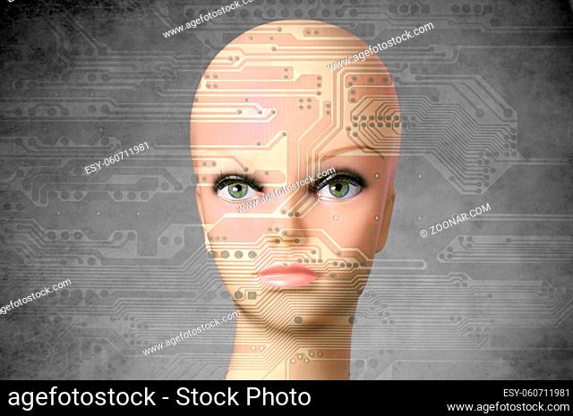 Double exposure artificial Intelligence concept, mannequin head with human eyes