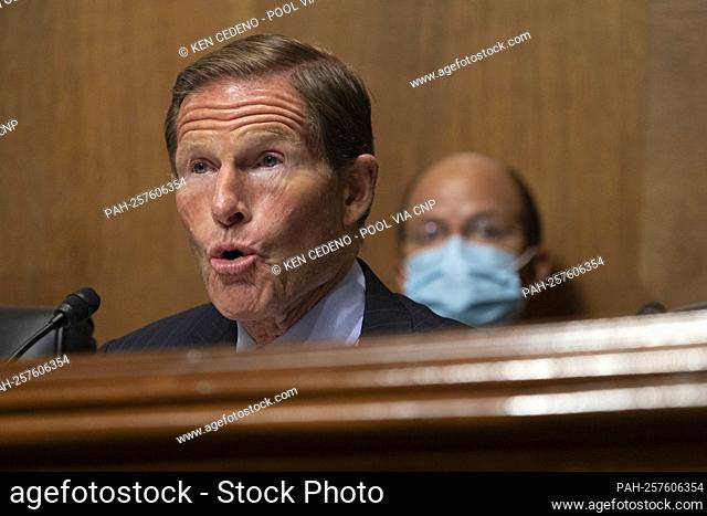 United States Senator Richard Blumenthal (Democrat of Connecticut) asks questions to witnesses as they testify before the Judiciary Subcommittee on Competition...