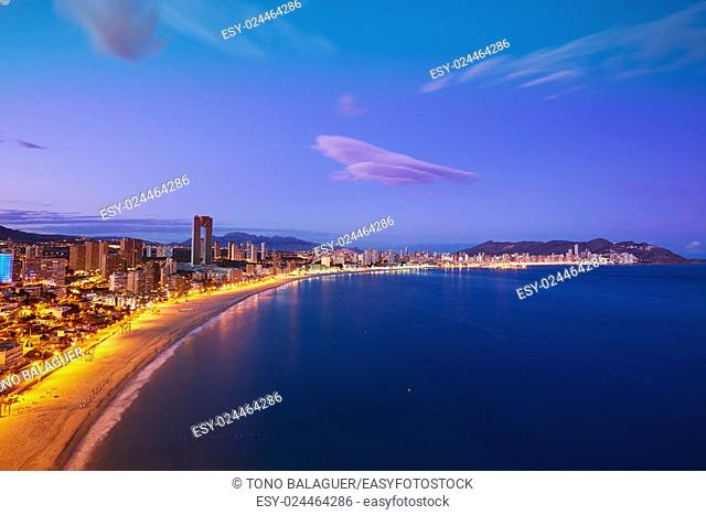 Benidorm sunset Poniente beach in Alicante Mediterranean of Spain
