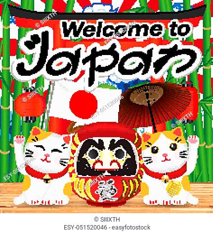 welcome to japan with maneki cat and daruma doll