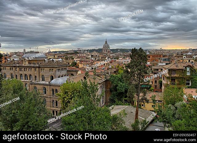 Panoramic view of Rome from Pincio Promenade, St Peter Square on background