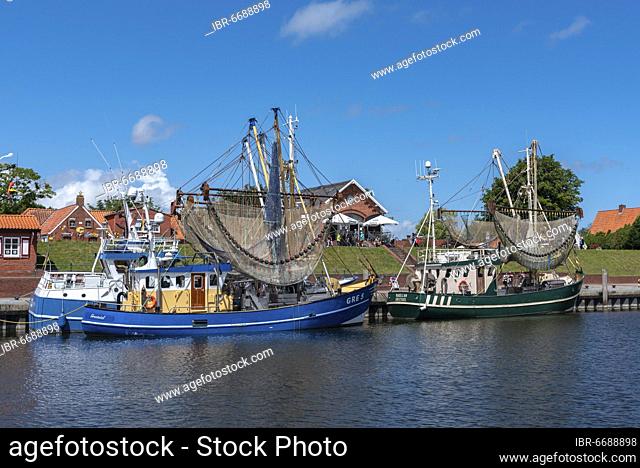 Crab cutter in the fishing harbour, Greetsiel, Lower Saxony, Germany, Europe