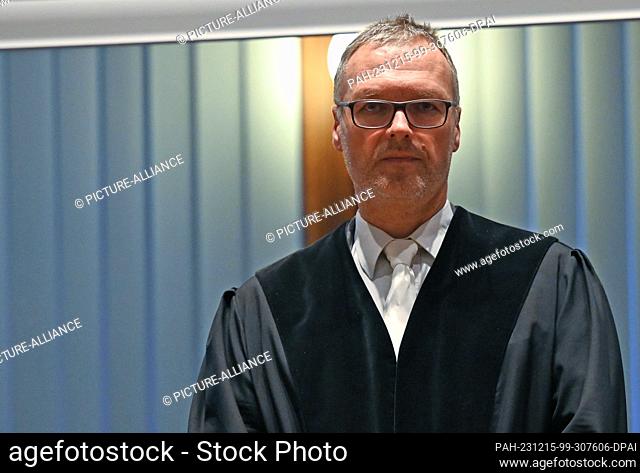 15 December 2023, Saxony, Leipzig: Judge Hans Weiß in the courtroom before the start of the trial. Six months after the brutal killing of a woman in Borna