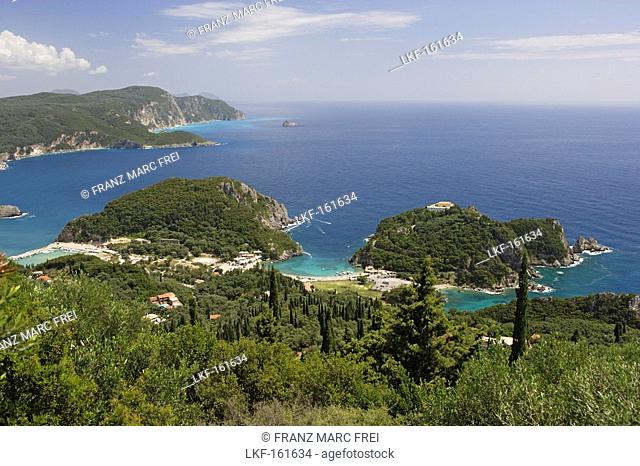 View at a small bay and the coast, Paleokastritsa, Corfu, Ionian Islands, Greece