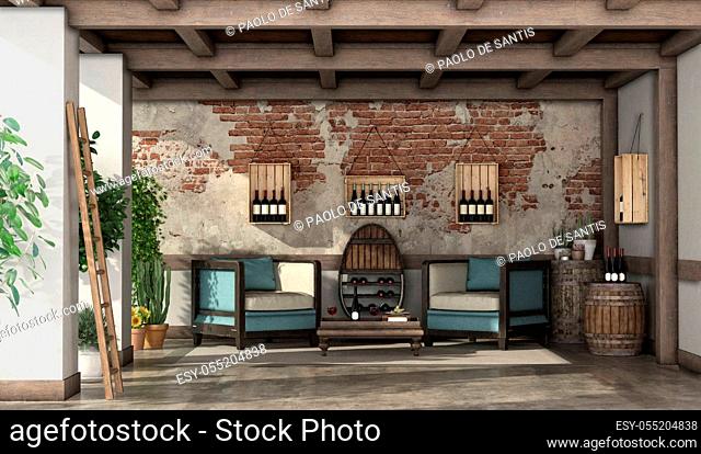Rustic veranda for wine tasting with two armchair, side table, old barrels and wine bottles - 3d rendering