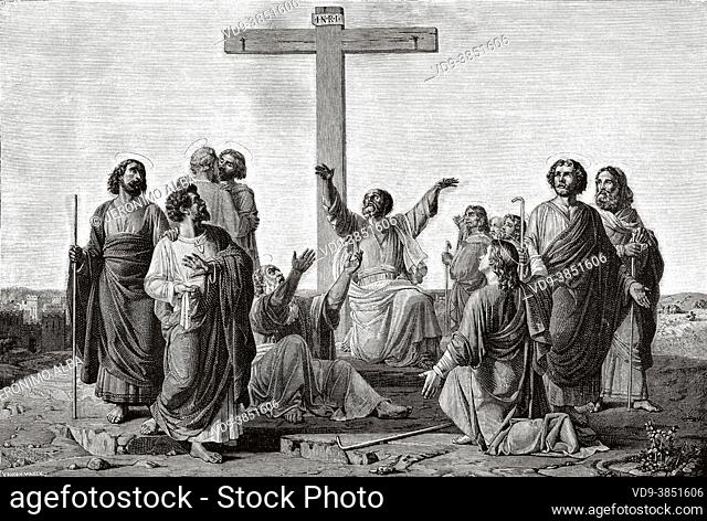 The Mission of the Apostles. The apostles gathered at the foot of the cross separate to preach the gospel to the nations