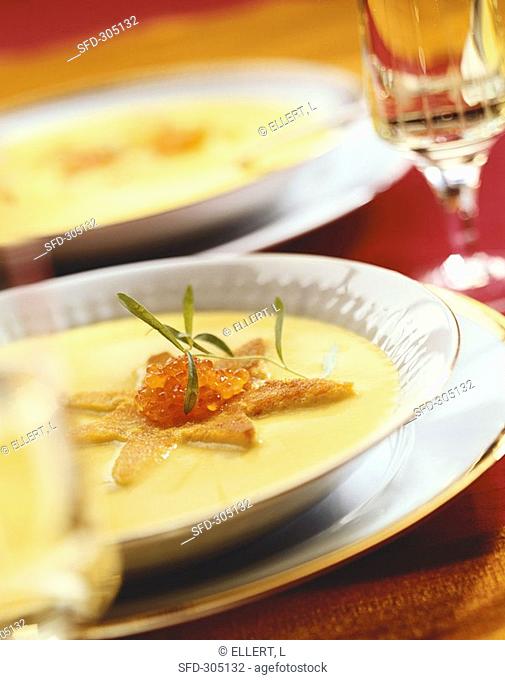 Potato soup with saffron and caviar