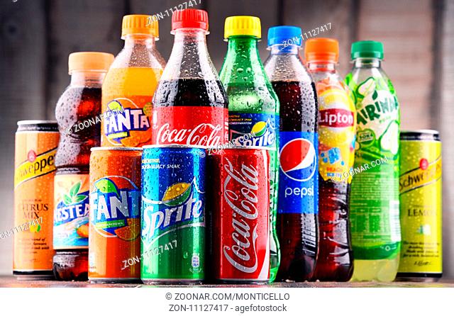 POZNAN, POLAND - MAY 19, 2017: Global soft drink market is dominated by brands of few multinational companies founded in North America