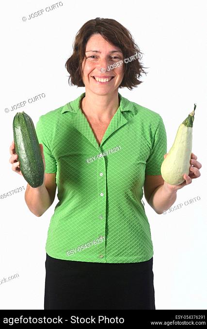 portrait of a woman with zucchini white background