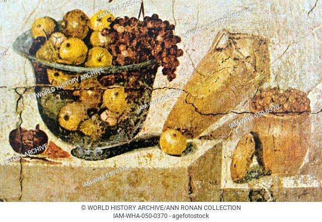 Still Life with Fruit. Wall painting from the House of Julia Felix, Pompeii, Roman. Fourth Pompeian Style, time of Vespasian