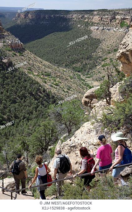 Cortez, Colorado - Tourists descend stairs on their way to the Long House cliff dwelling in Mesa Verde National Park  The park features cliff dwellings of...