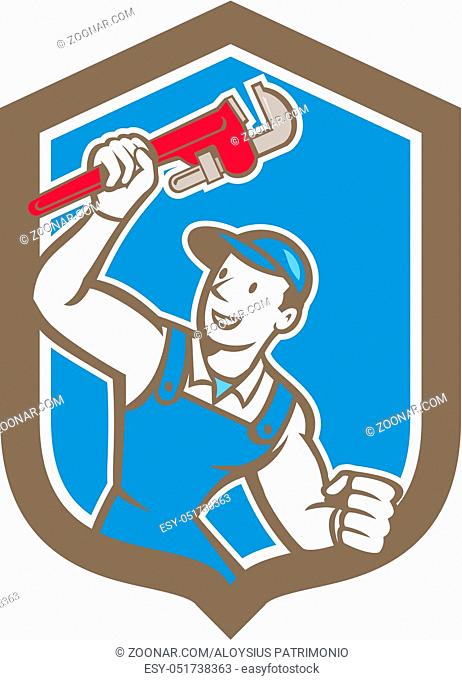 Illustration of a plumber holding monkey wrench on isolated background set inside shield crest done in cartoon style