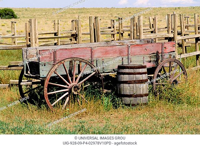 New Mexico. Santa Fe. Hughes Movie Ranch. Wooden Wagon And Barrel