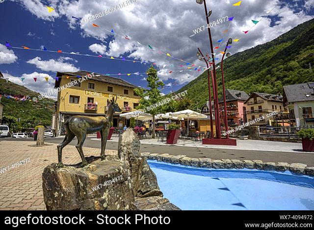 Les town hall square on a summer afternoon, in the Aran Valley (Lleida, Catalonia, Spain, Pyrenees)