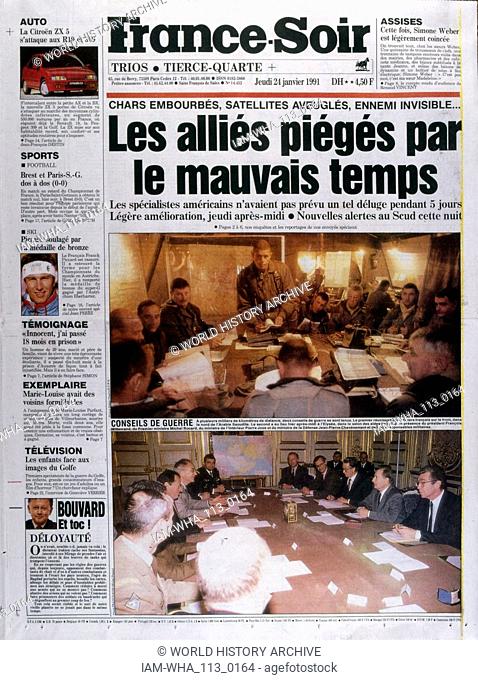 Headline in 'France-Soir' a French newspaper, 24th January 1991, concerning French action in the Gulf War (2 August 1990 - 28 February 1991)
