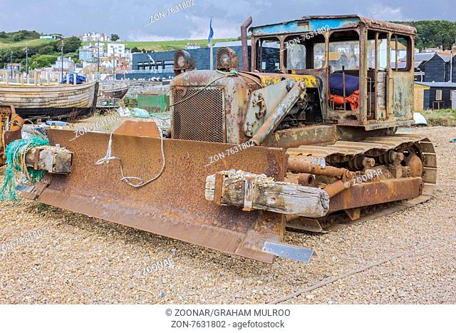 Rusty Abandoned Old Bulldozer On The Foreshore Hastings UK