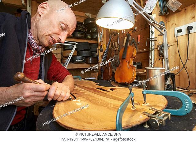 18 March 2019, Rhineland-Palatinate, Kalenborn: Violen maker Marco Schultz repairs the top of a cello in his workshop. In the past 300 years