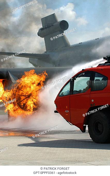 TRAINING DUTCH FIREFIGHTERS WITH AN AIRPLANE FIRE SIMULATOR, MODEL OF A BOEING 747, SCHIPHOL AIRPORT, AMSTERDAM, NETHERLANDS