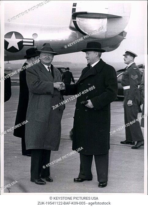 Nov. 22, 1954 - Former US President Herbert Hoover arrived in Bonn for a two day visit and was greeted by Chancellor Dr. Adenauer at the Bonn-Cologne airport