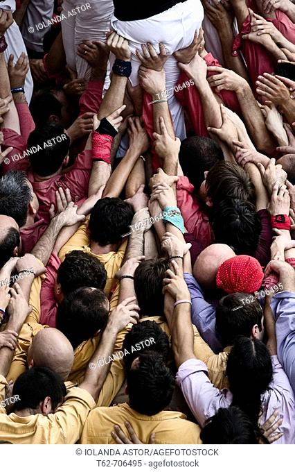 Castellers, building human towers, a catalan tradition. Barcelona, Catalunya, Spain