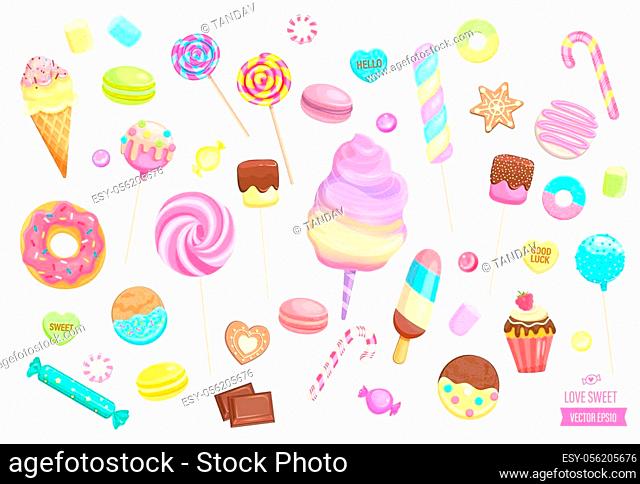 Big set isolated sweets on white background-ice cream, candy, macaroon, cupcake, lollipop, caramel, marmalade. Template for confectionery