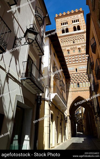 Mudejar tower of San Salvador in Teruel city, Aragon in Spain