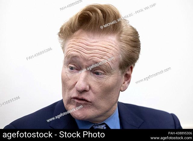 US comedian and television host Conan O'Brien sits in the James Brady Press Briefing Room during a visit to the White House in Washington, DC, USA