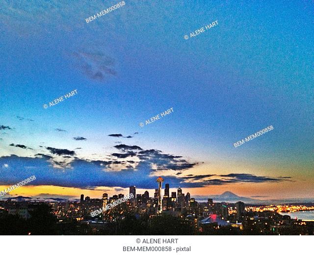 City skyline against colorful sky, Seattle, Washington, United States